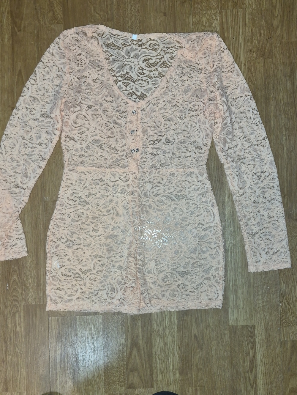 Lace Long-Sleeve Lingerie Romper Peach Size L